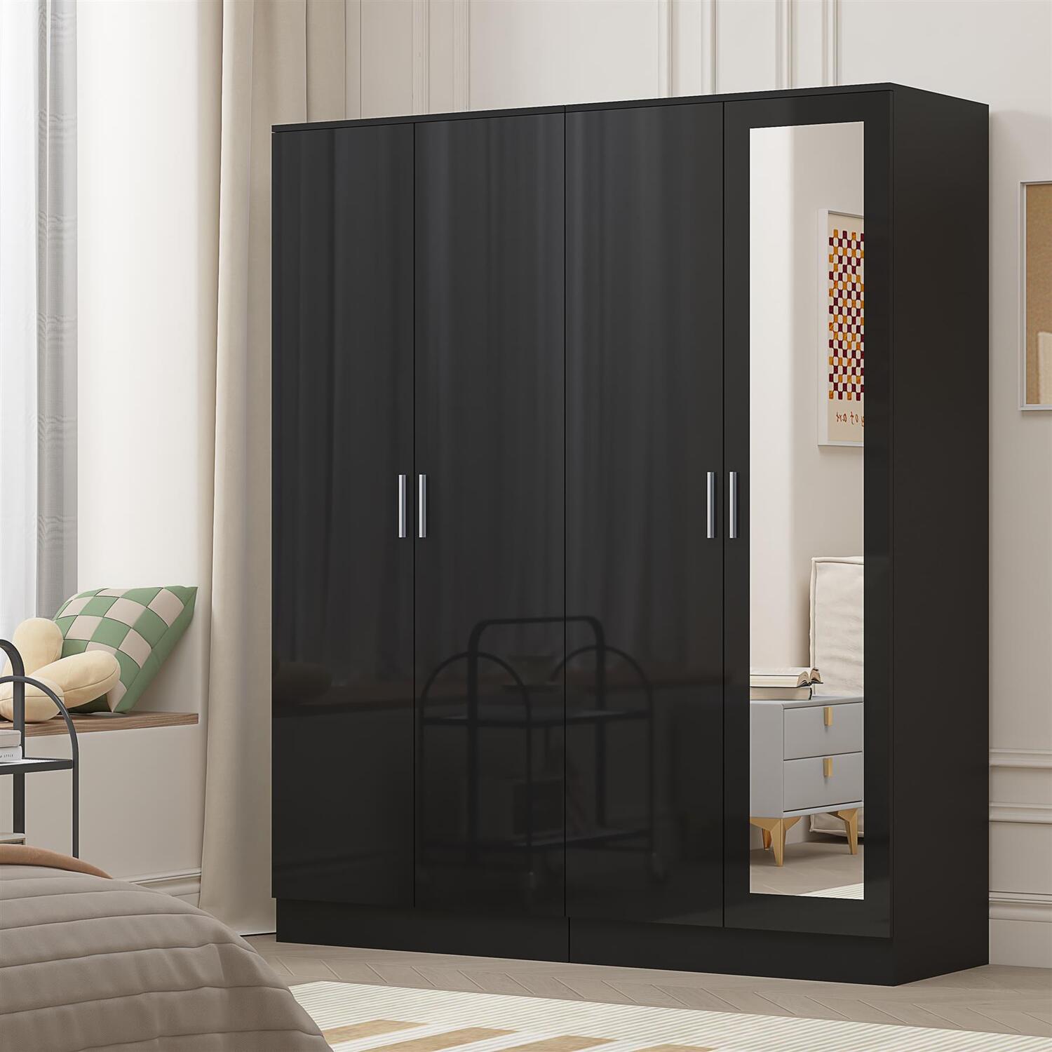 Reflect Black Gloss Wardrobe Bundle - Mirror + 2 Door Plain - Black / Black - Black Gloss / Matt Black