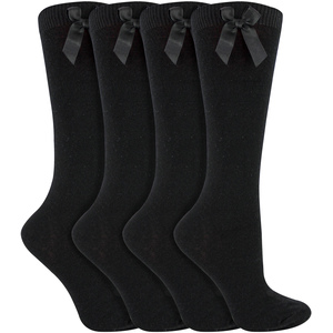 Girls 4 Pack Knee High School Socks with Ribbon Bow | Kids Plain Long Socks