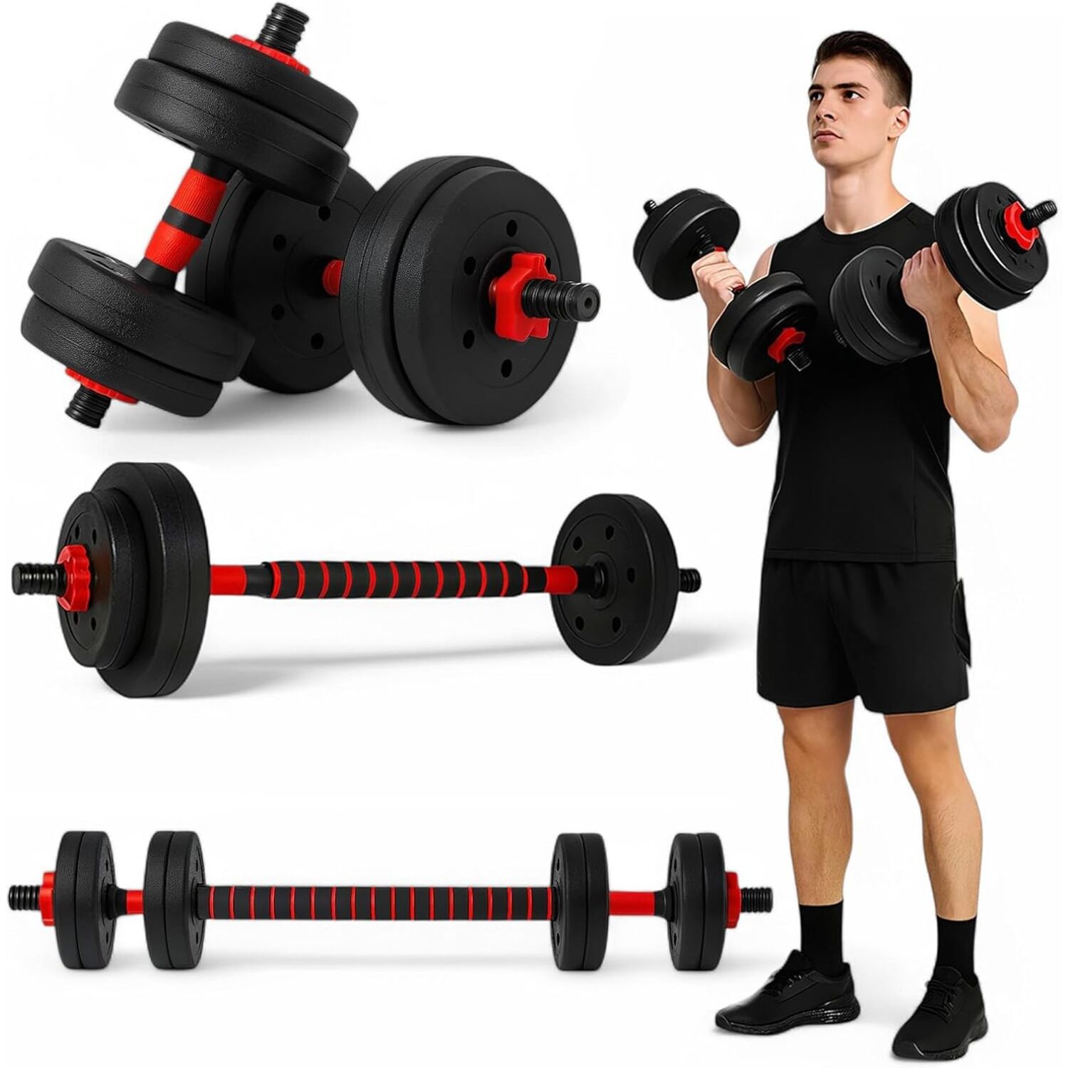 Tanness Adjustable Dumbbells Set With Barbell Connector For Home Gym Training - Black