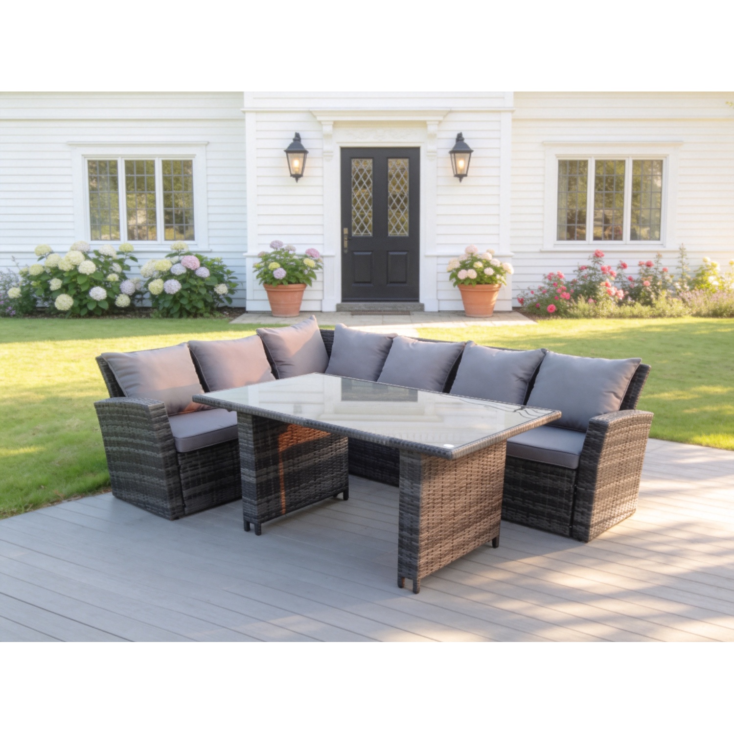 Fimous Black 6 Seater High Back Rattan Garden Furniture Set Corner Sofa With Tempered Glass Dining Table - Image 2