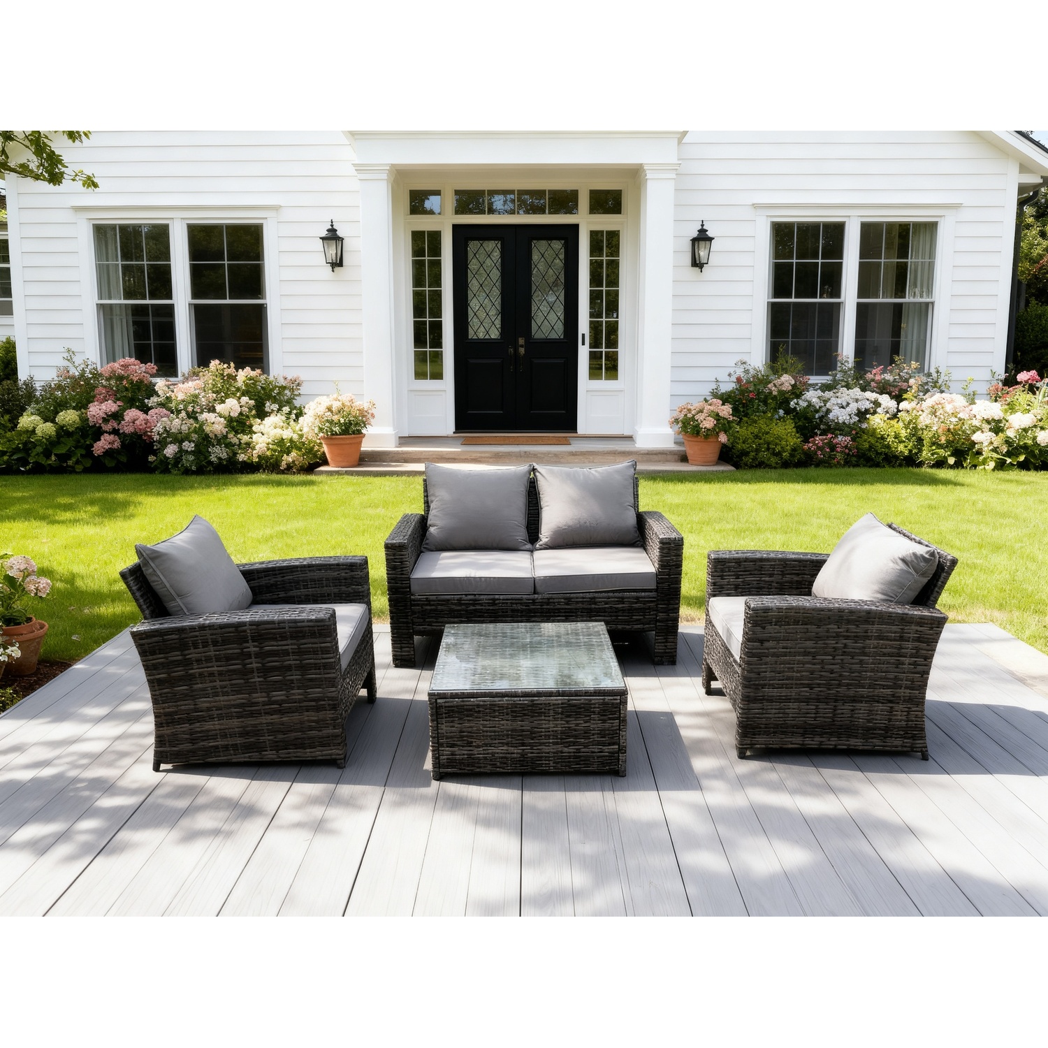 B&Q - 4 Seater Dark Grey Mixed High Back Rattan Sofa Set Square Coffee Table Garden Furniture Outdoor Patio - Image 2