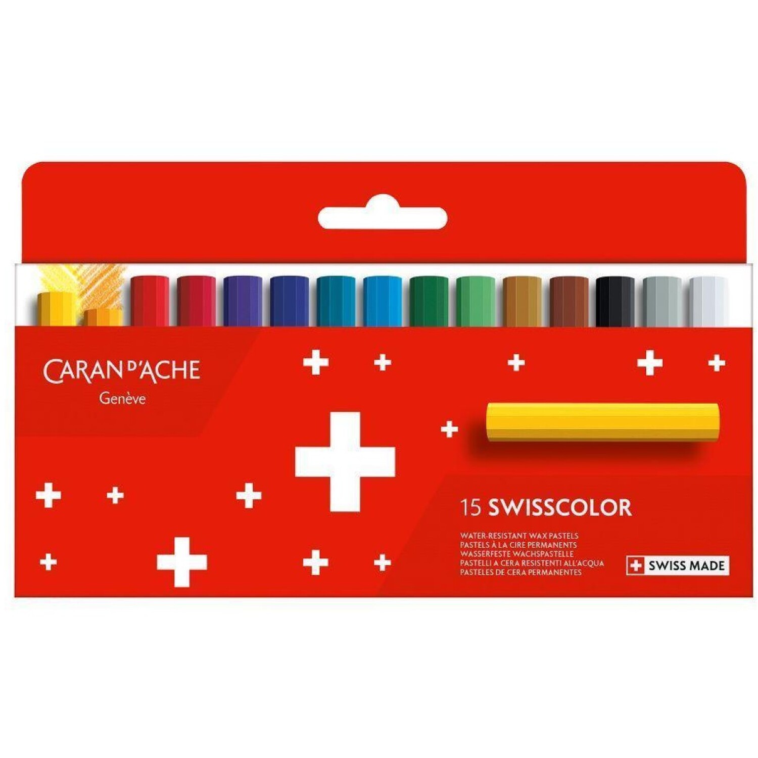 Caran D'ache Swisscolor Aquarelle 15 Water-Soluble Half-Length Wax Pastels - Boxed Set - Assorted Colours