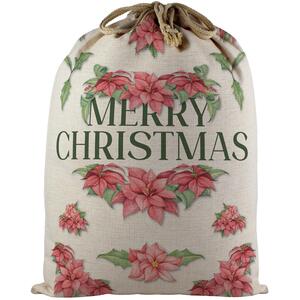 Poinsettias Santa Sack - Large Linen-Style Xmas Gift Bag with Drawstring