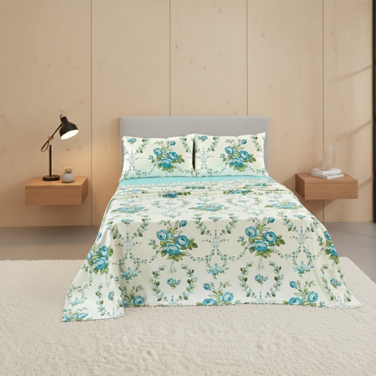 Snug City Soft Floral Brushed Cotton Fitted Flat Sheet & Matching Pillowcases in Blue | Size: King