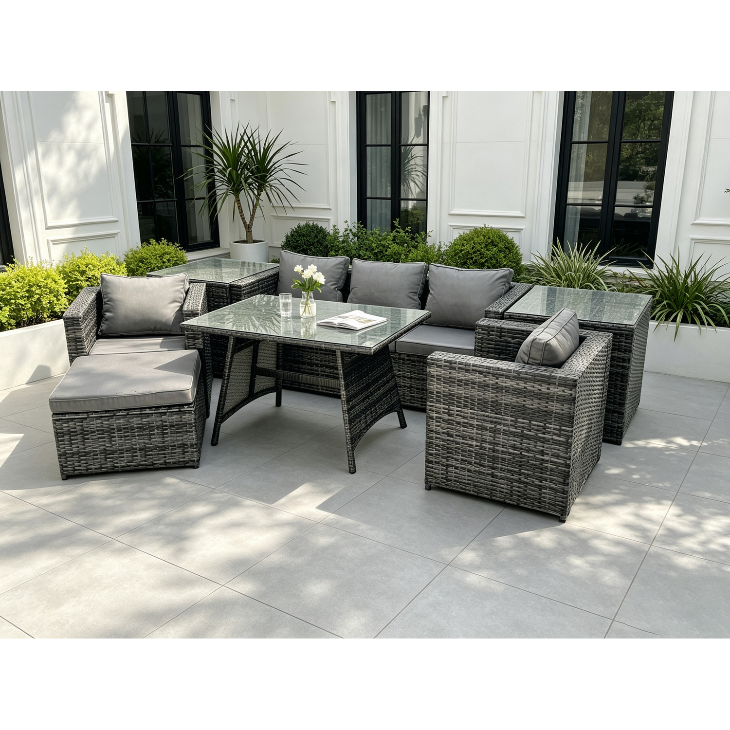 Fimous Unisex Dark Grey Seater Rattan Outdoor Furniture Garden Dining Set With Oblong Dining Table 2 Side Tables Big Footstool In Size 6 - Image 2