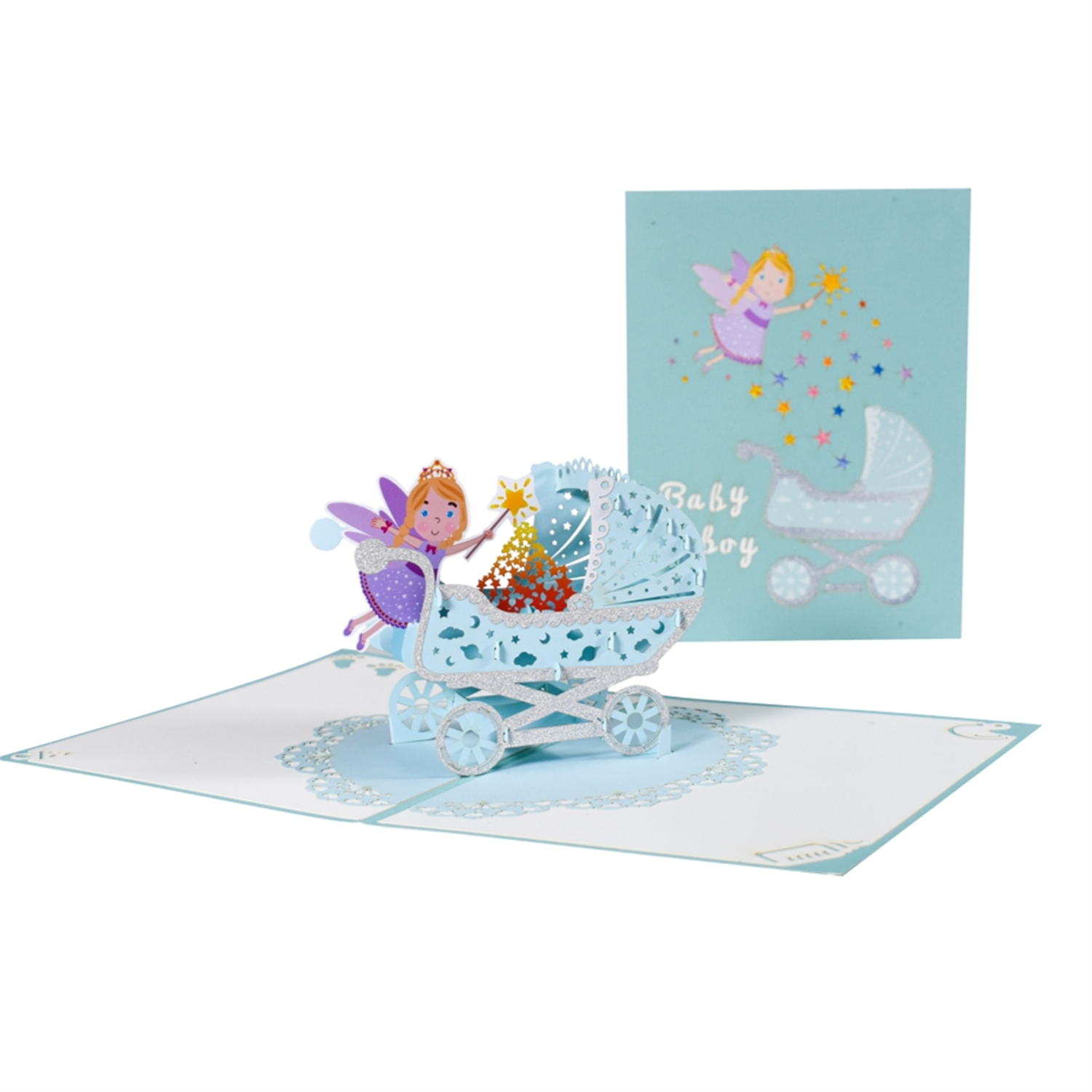 Brightfeel Blue Baby Boy Carriage And Fairy 3D Pop Up Baby Shower Greeting Card - White