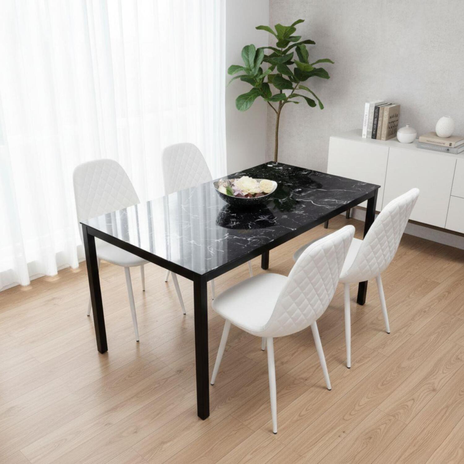 KOSY KOALA Black Marble Effect Dining Table with 4 White Gem Faux Leather Chairs - Image 2