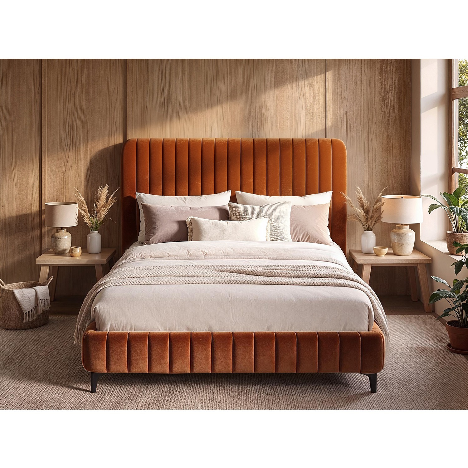 Solace+Co Adelaide Upholstered Bed Frame Burnt Orange Double - Burnt Orange