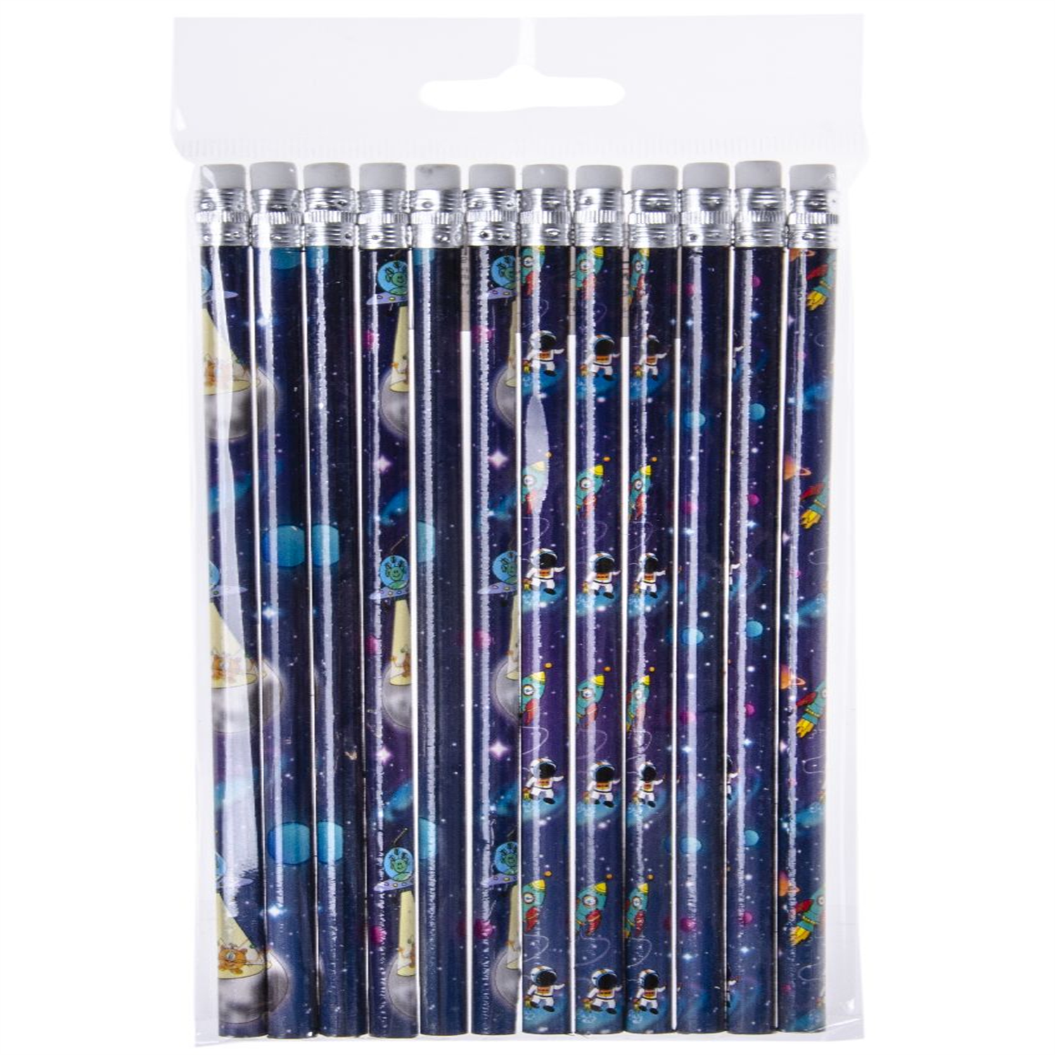  - Pack Of 12 Space Design Pencils With Eraser- Theme Party Bag Filller Gifts - Image 3