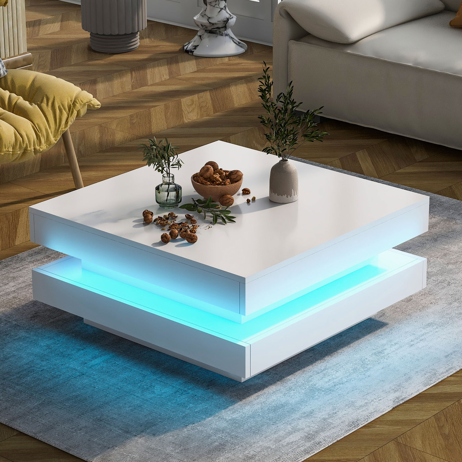 Aka White Square High Gloss Coffee Table With 360° Rotating Top And Led Lights - White