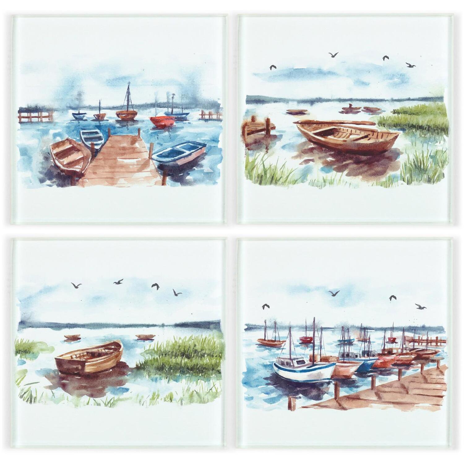 Seaside Boats Coaster Set - Square Glass Painted Row Boats Set of 4 Gift - Image 3