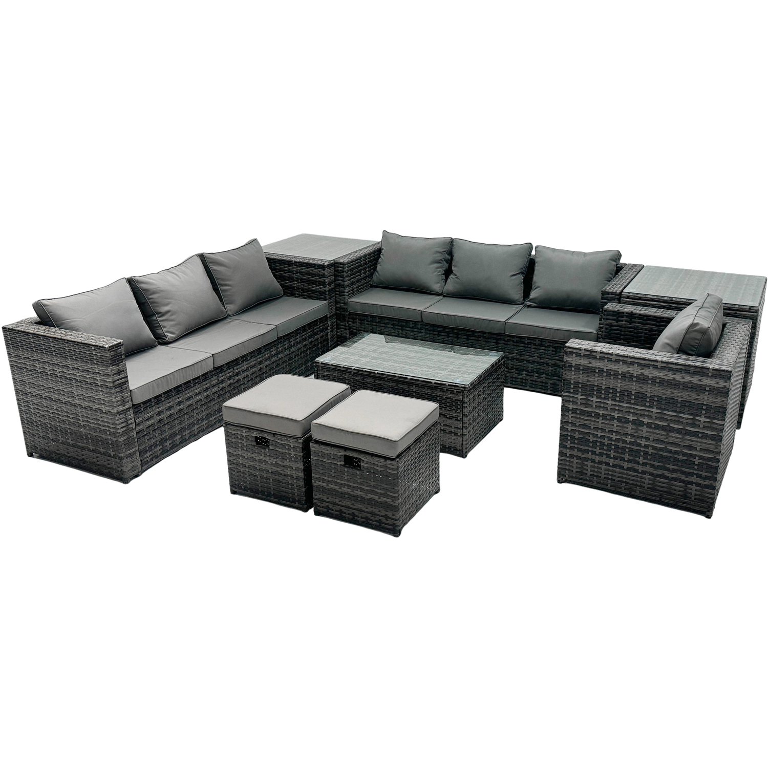 Fimous Dark/Grey Rattan Garden Furniture Dining Set 9 Seater Patio Coffee Table Sofa Set With 2 Small Stools 2 Side Tables Mixed - Image 2