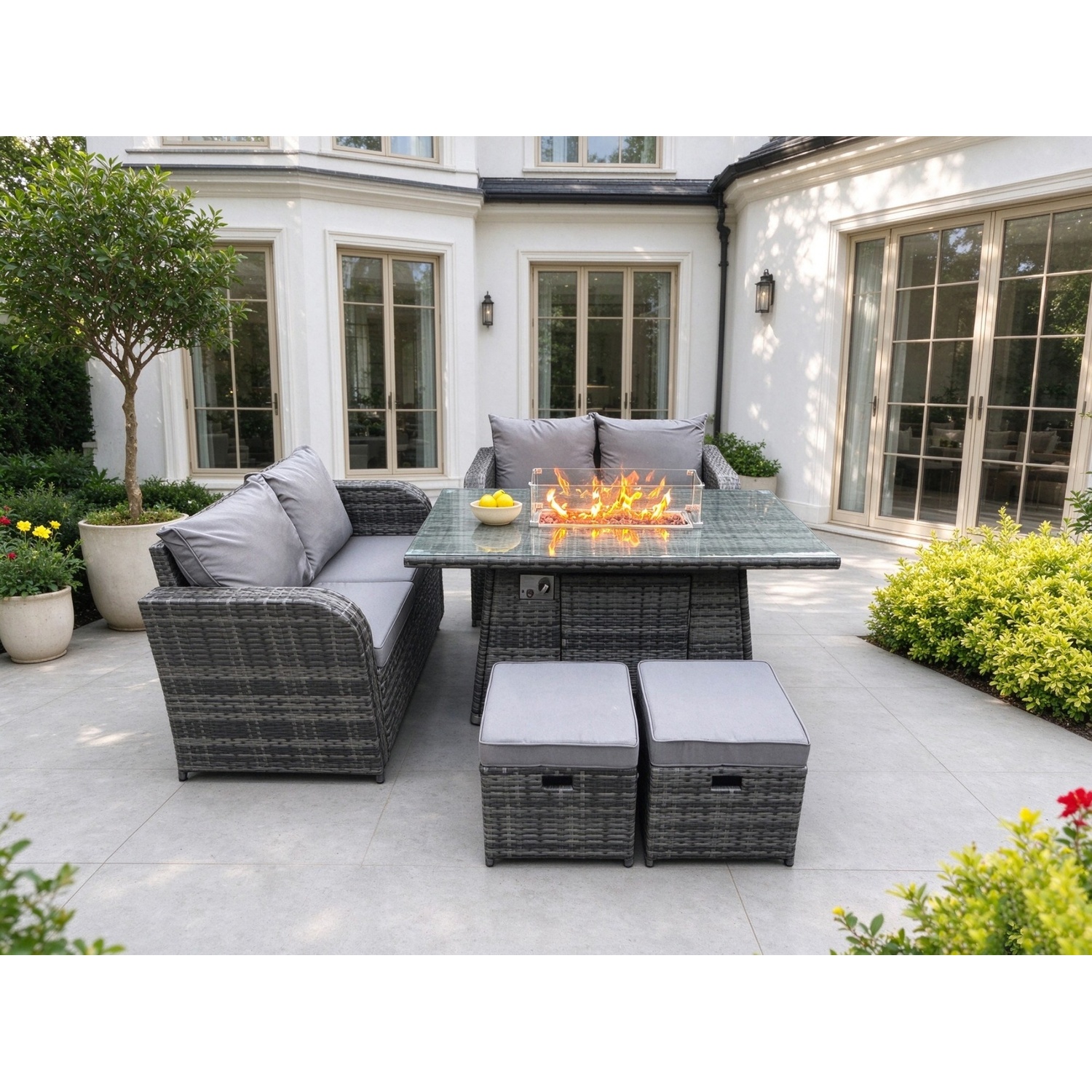 Fimous Unisex Dark Grey 6 Seater Rattan Outdoor Garden Furniture Sofa Set Gas Fire Pit Dining Table Gas Heater With Love Sofa 2 Footstool In Small - Image 2