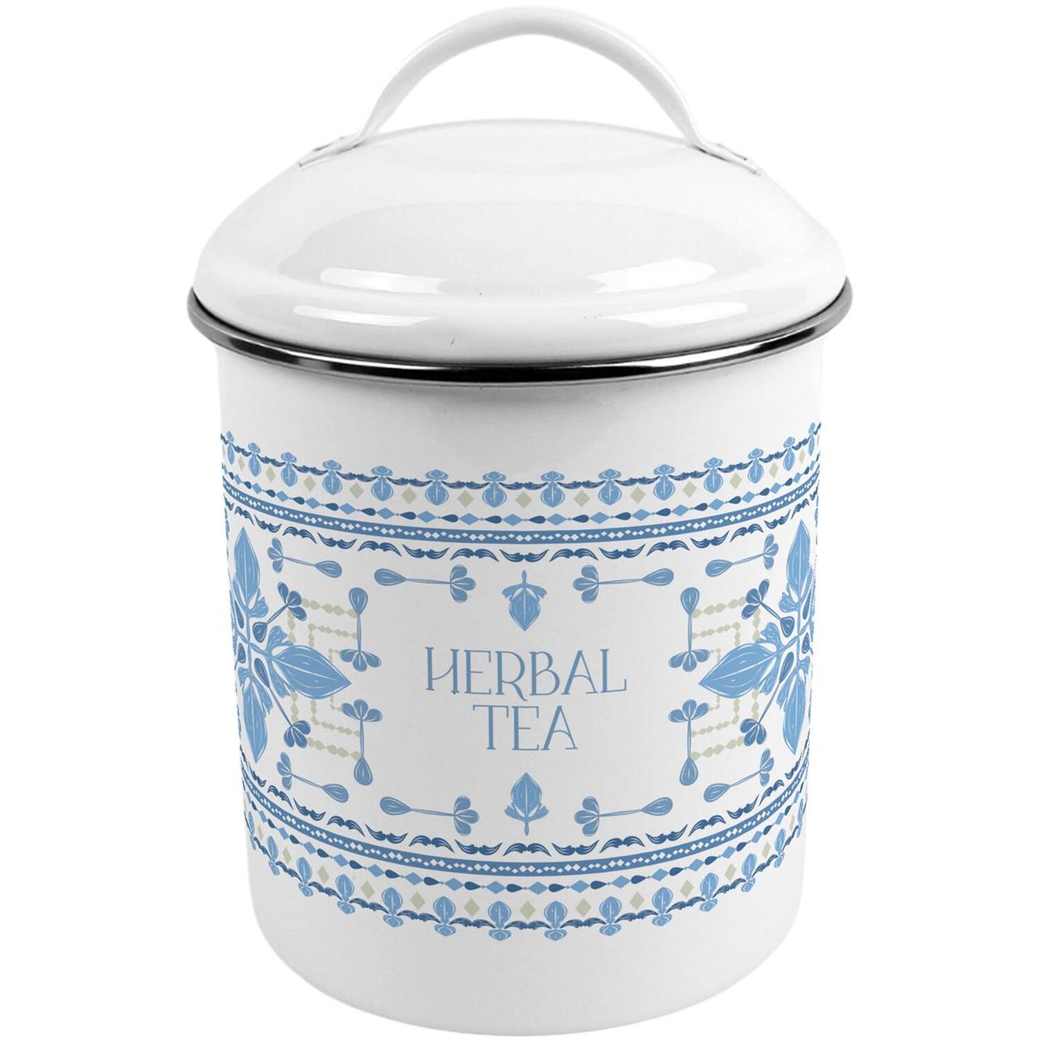 Blue Folk Tile Herbal Tea Canister - Medium Metal Kitchen Storage with Handle - Image 2