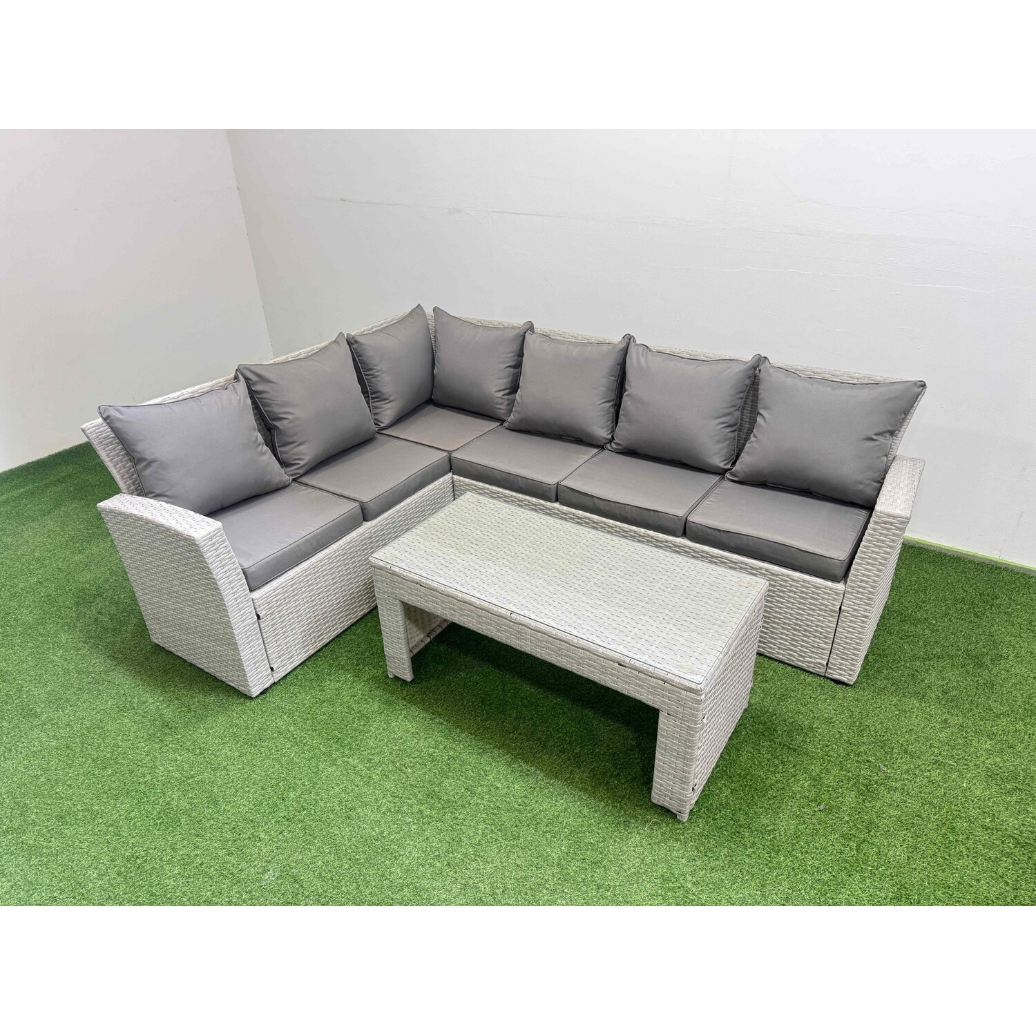 B&Q - Rattan Garden Furniture Set Outdoor 6 Seater Corner Sofa Sets With Oblong Coffee Table Light Grey Mixed - Image 2