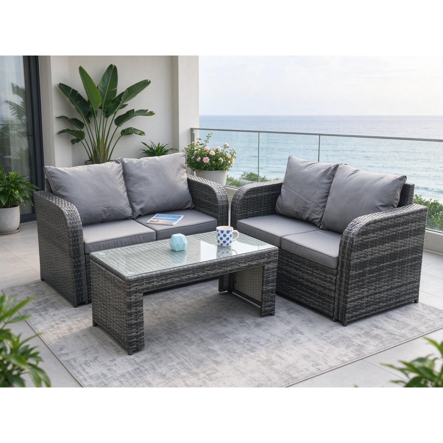 Fimous Dark/Grey Pe Wicker Rattan Garden Furniture Set Love Sofa 2 Seater Sofa Set Outdoor Rectangular Coffee Table 4 Seater - Image 2