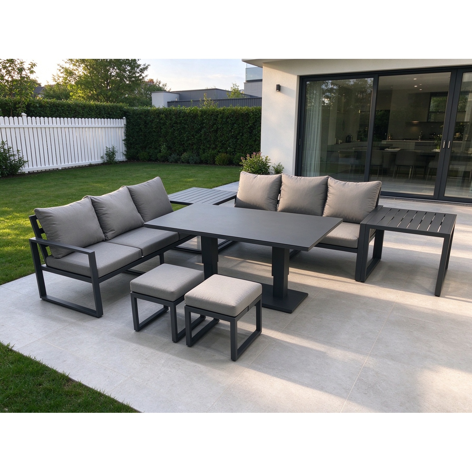 Rackhams Dark/Grey 8 Seater Aluminium Outdoor Garden Furniture Set With Adjustable Rising Dining Table 3 Seater Sofa 2 Small Footstool 2 Side Tables - Image 2