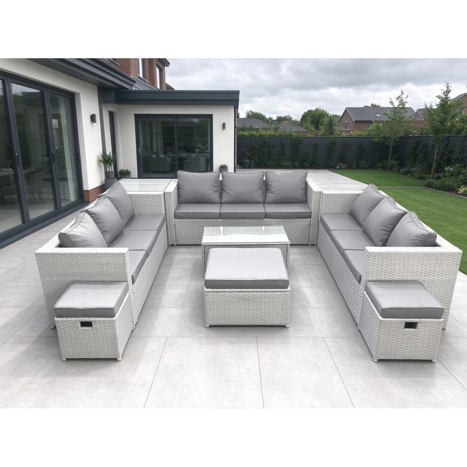 Rackhams Light/Grey Rattan Garden Outdoor Furniture Set 12 Seater Garden Sofa Coffee Table Set With 3 Footstools Side Table Mixed - Image 2