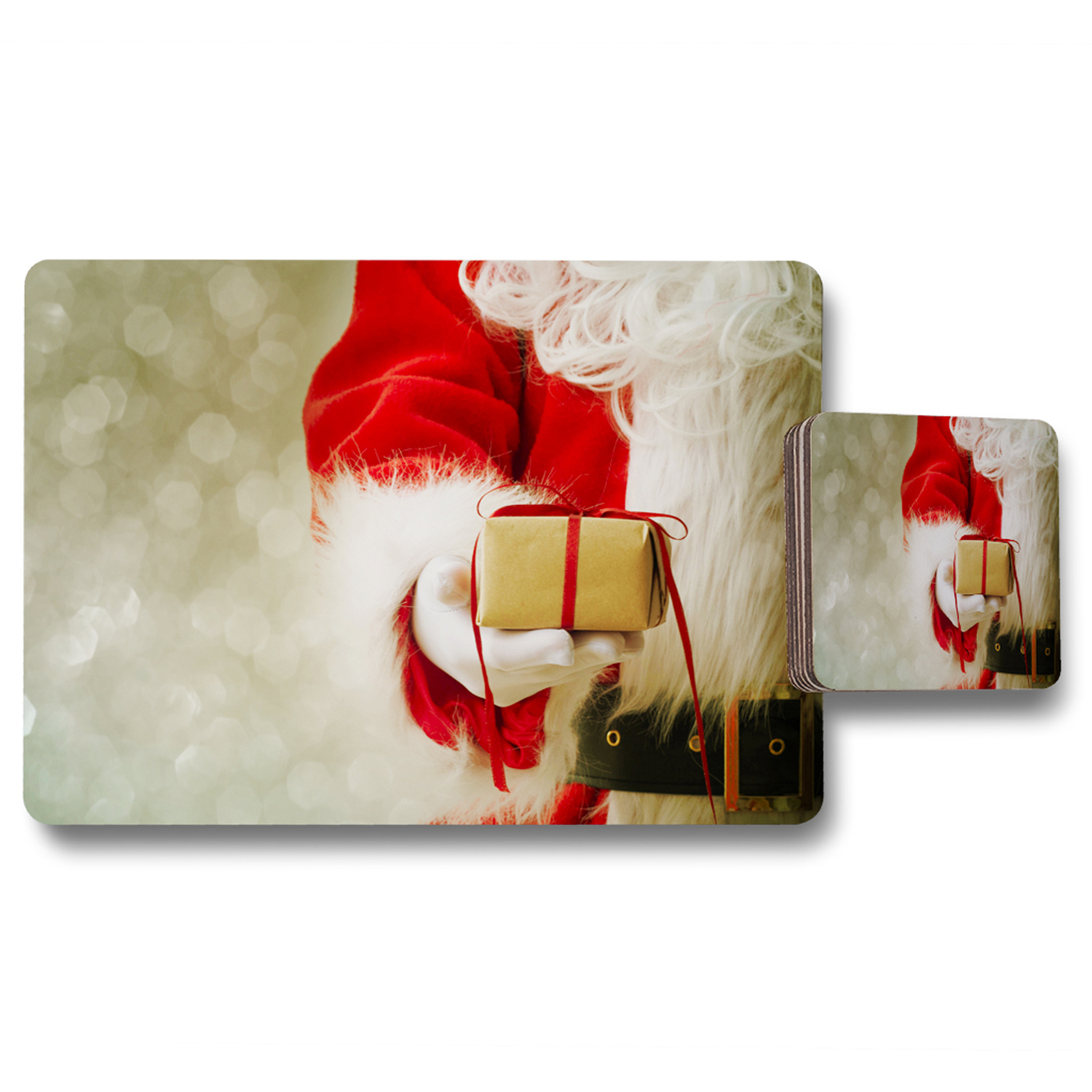 Santa Claus Gloved Hands Dining Placemat  Coaster Set - Red
