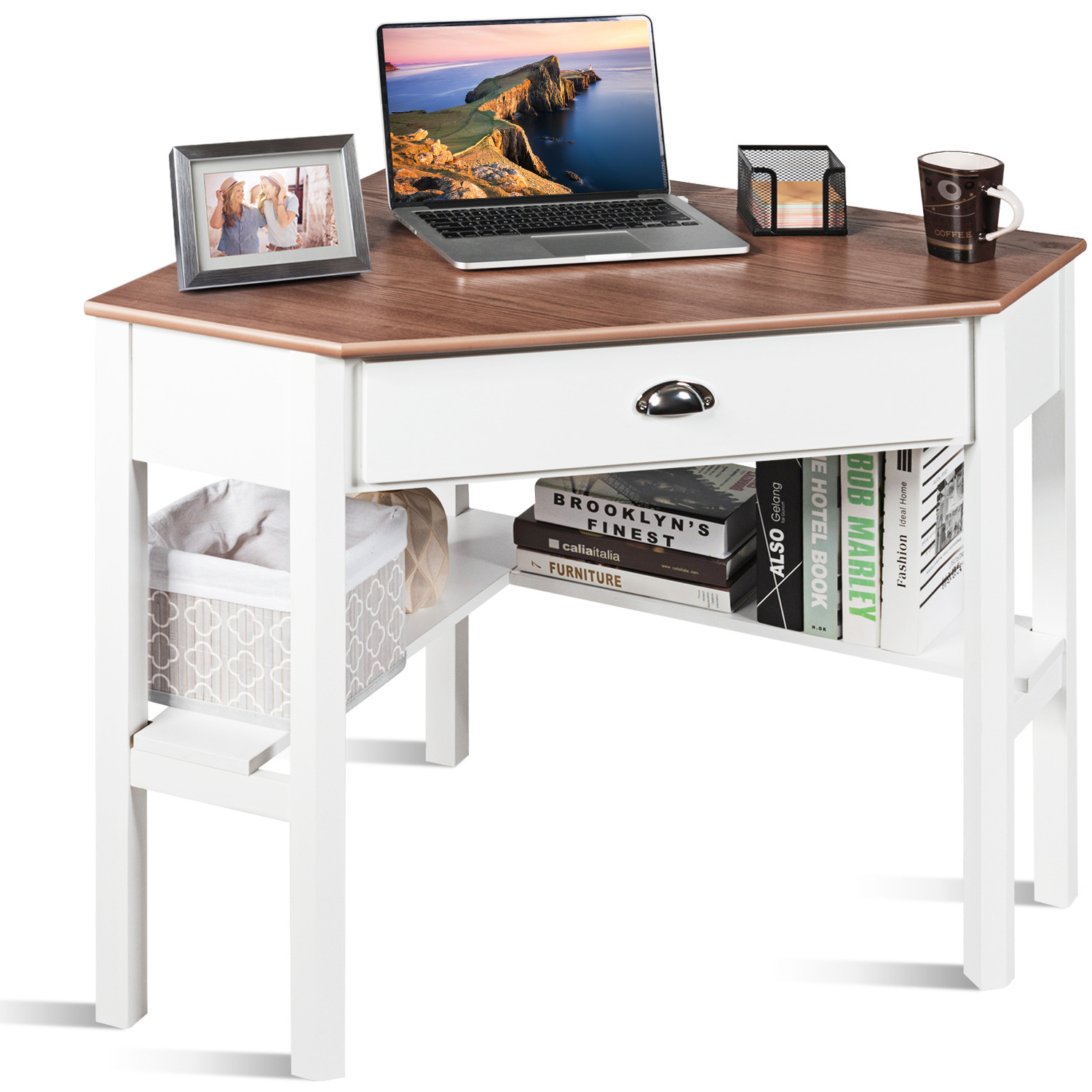 Costway Wood Corner Computer Desk - Brown thumbnail