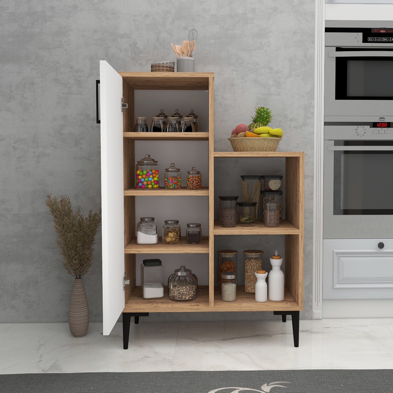 Beate Kitchen Cabinet With Shelves - Atlantic Pine - White