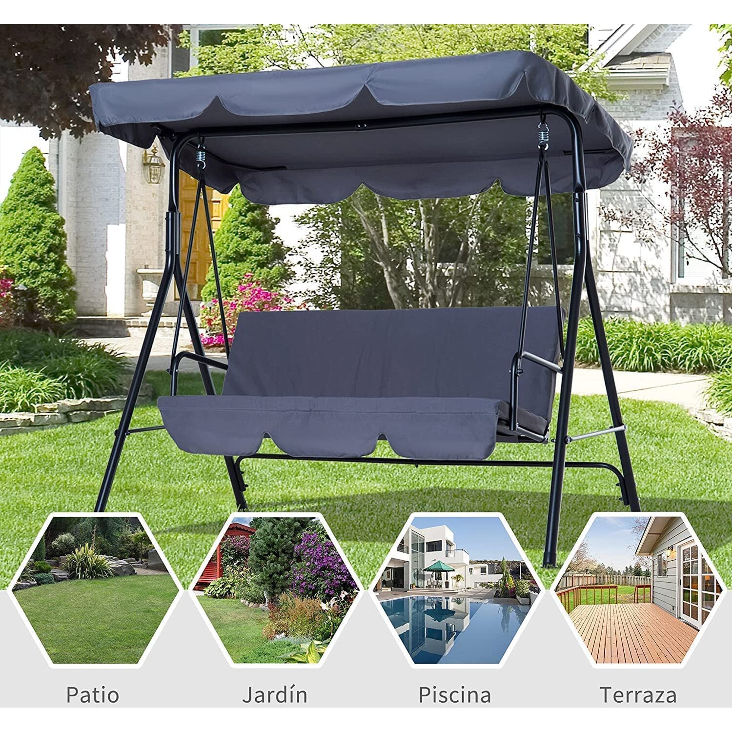 3 Seater Garden Swing Chair Seat Hammock Swinging Metal Terrace - Grey