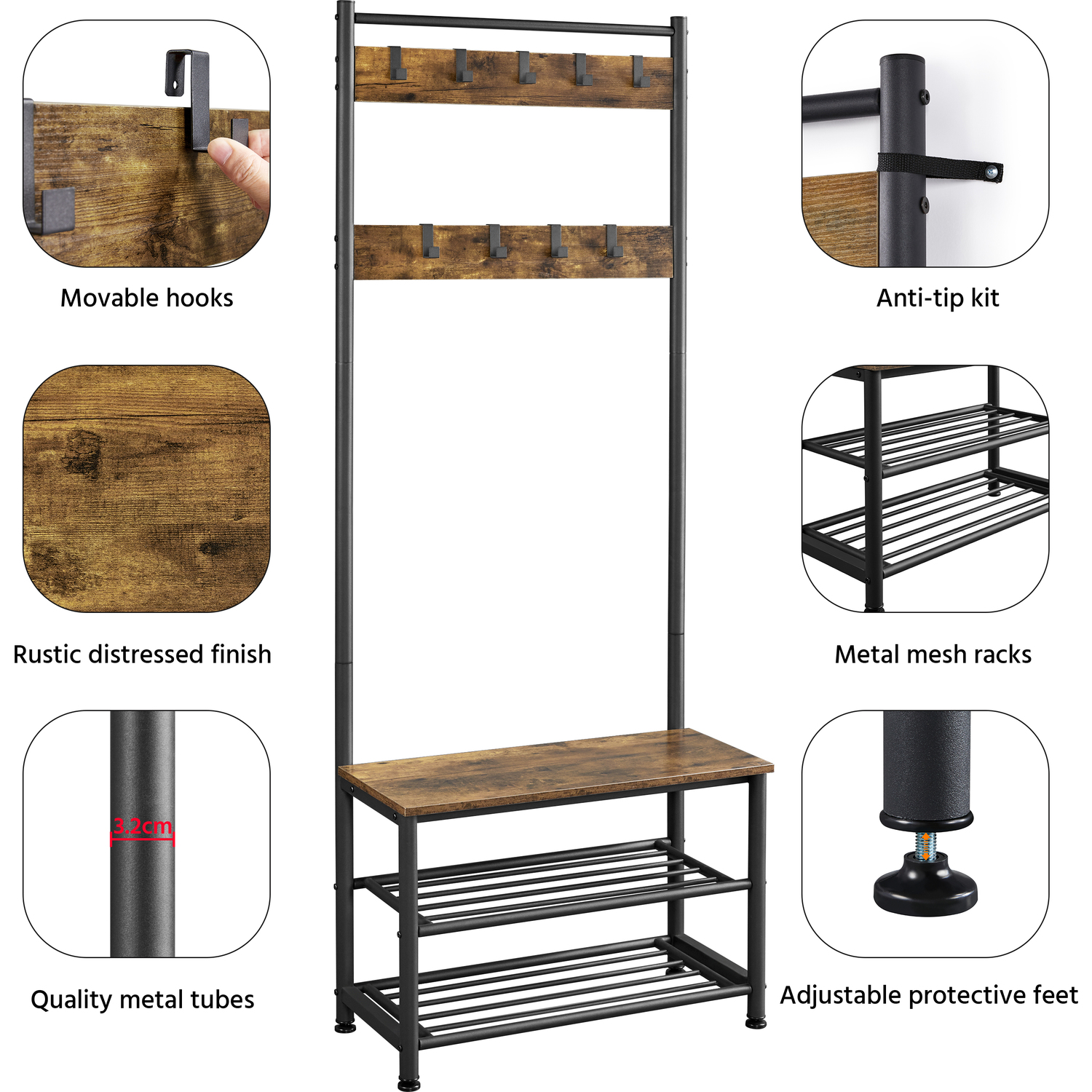 Yaheetech Metal Hall Tree With Shoe Storage Bench - Rustic Brown 72 5cm