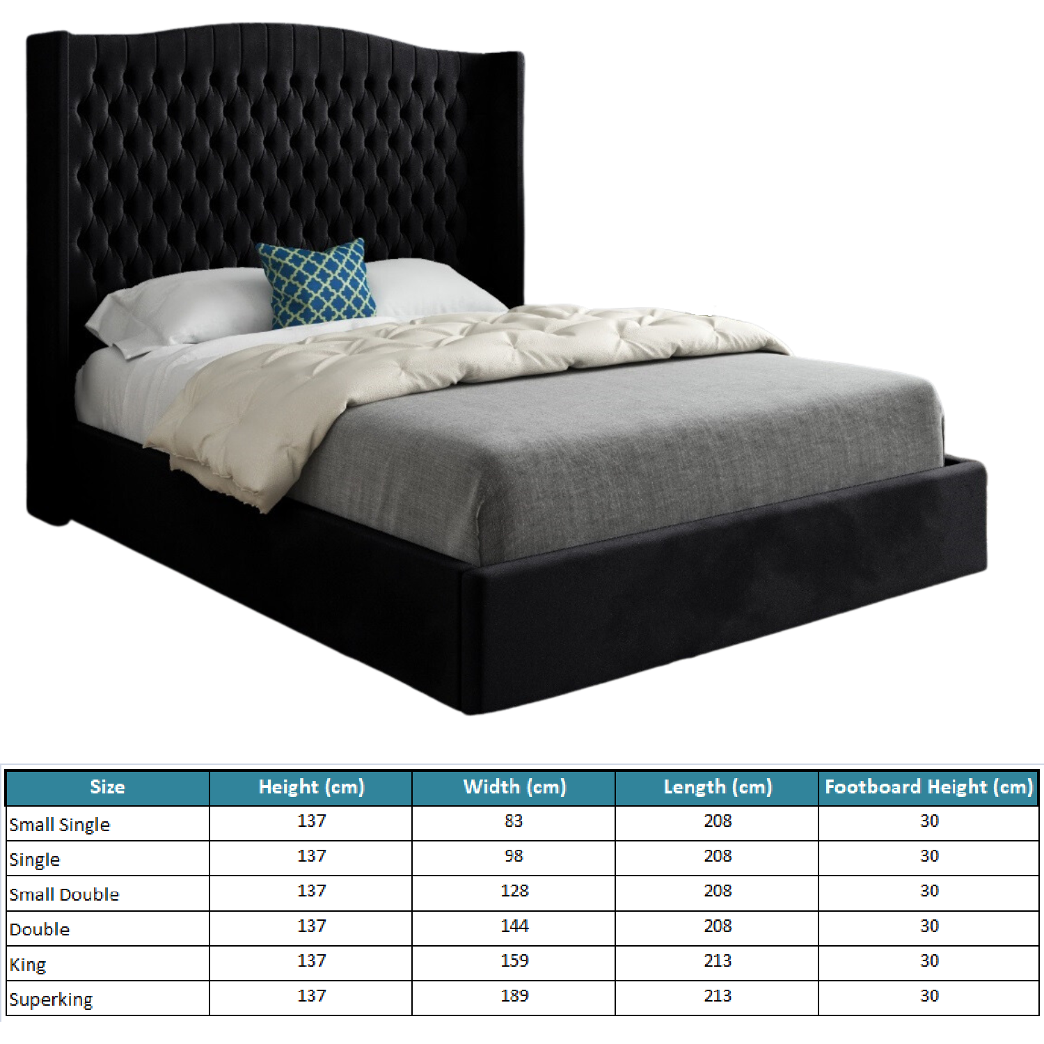Rana Curved Top Winged Upholstered Soft Velvet Bed Frame - Black Small Single