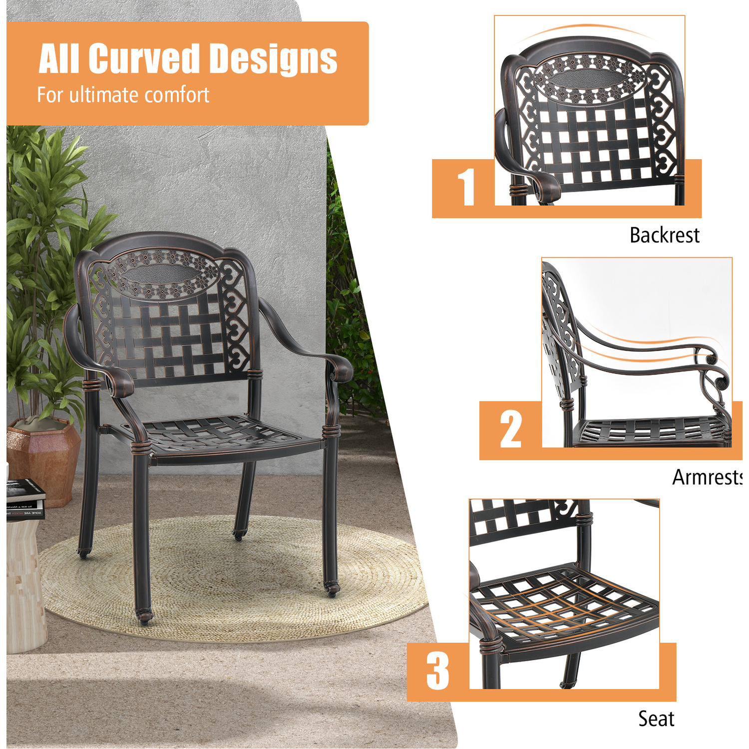 2 Pack Cast Aluminum Patio Garden Chairs - Bronze
