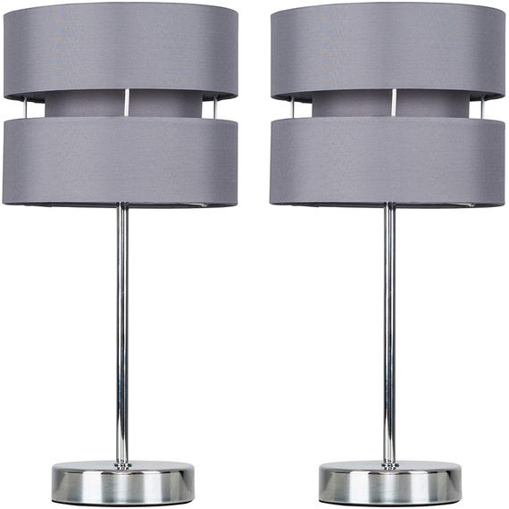 Chrome Bedside Table Lamps With Grey Shades - Set of 2