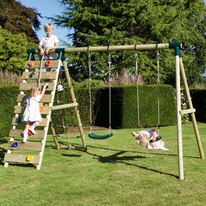 Wooden Double Swing Set with Up and Over Climbing Wall - Ela