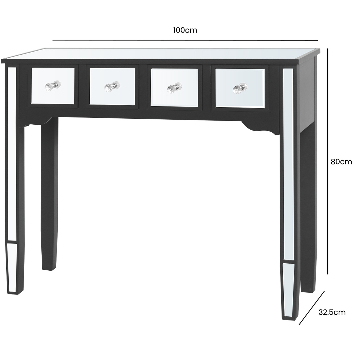 Wide 4 Drawer Console Table For Living Room - Black Mirror