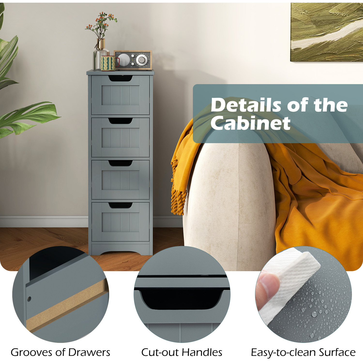 Floor Storage Cabinet Bathroom Cabinet With 4 Drawers - Grey