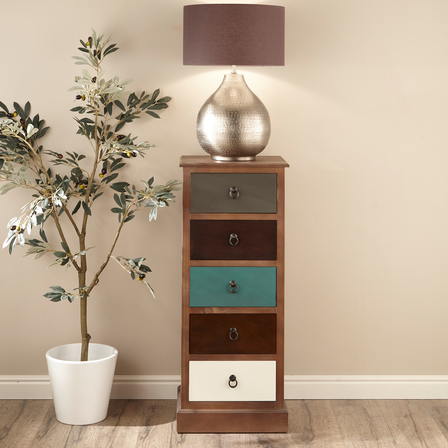 Multicoloured Wood 5 Drawer Unit - Brown And Blue