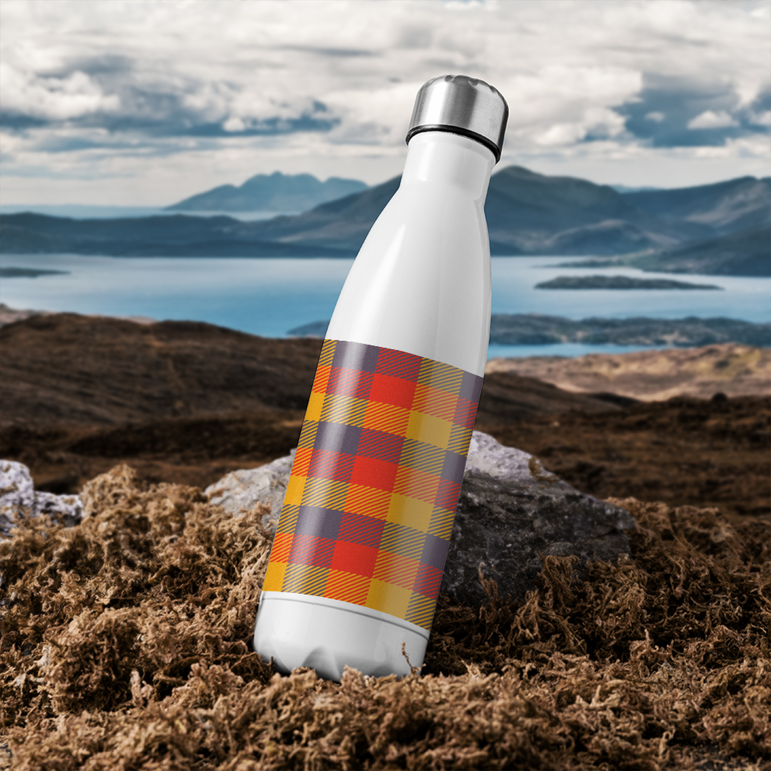 Orange Check Pattern Stainless Steel Bottle