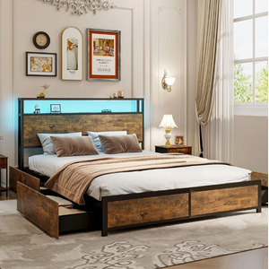 King Size Bed Frame with LED Lights Headboard