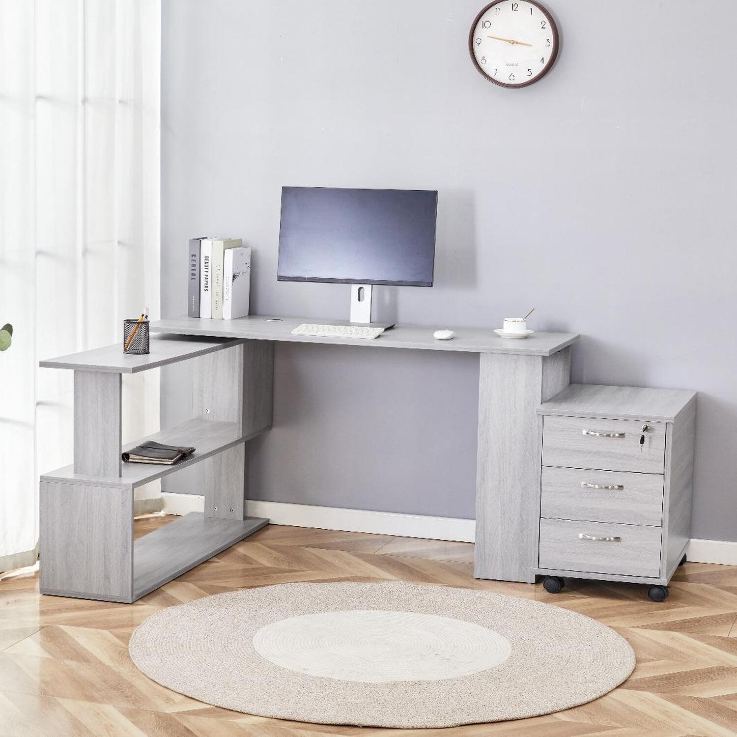 Office Desk L-shaped Shelves With Drawers - Grey