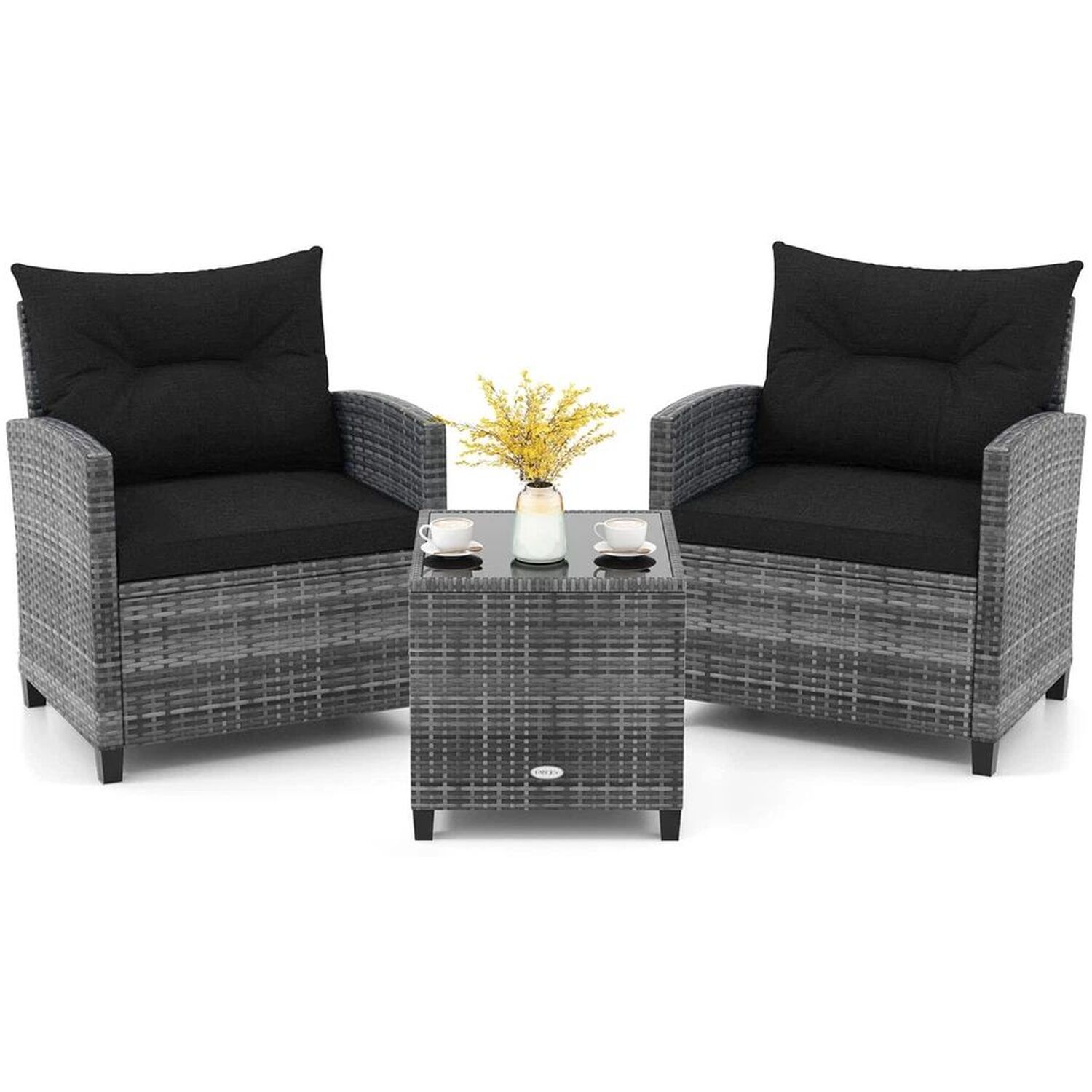 3 Piece Patio Rattan Chair And Table Set Outdoor Wicker Bistro - Grey