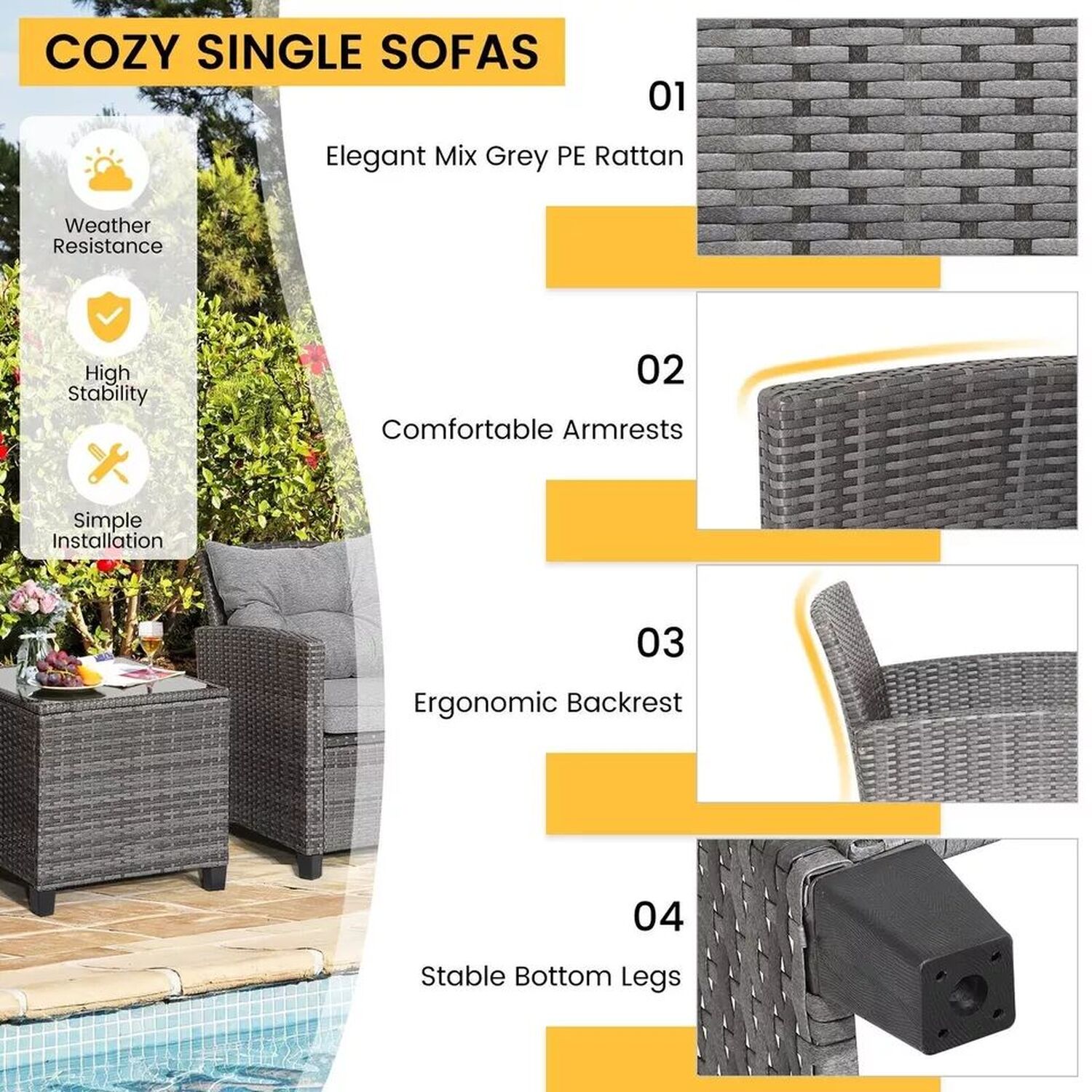 Modern 3 Piece Patio Rattan Bistro Set - Grey