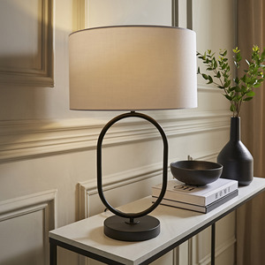 Antonia Matte Black Oval Table Lamp Fabric Drum Shade and LED Bulb