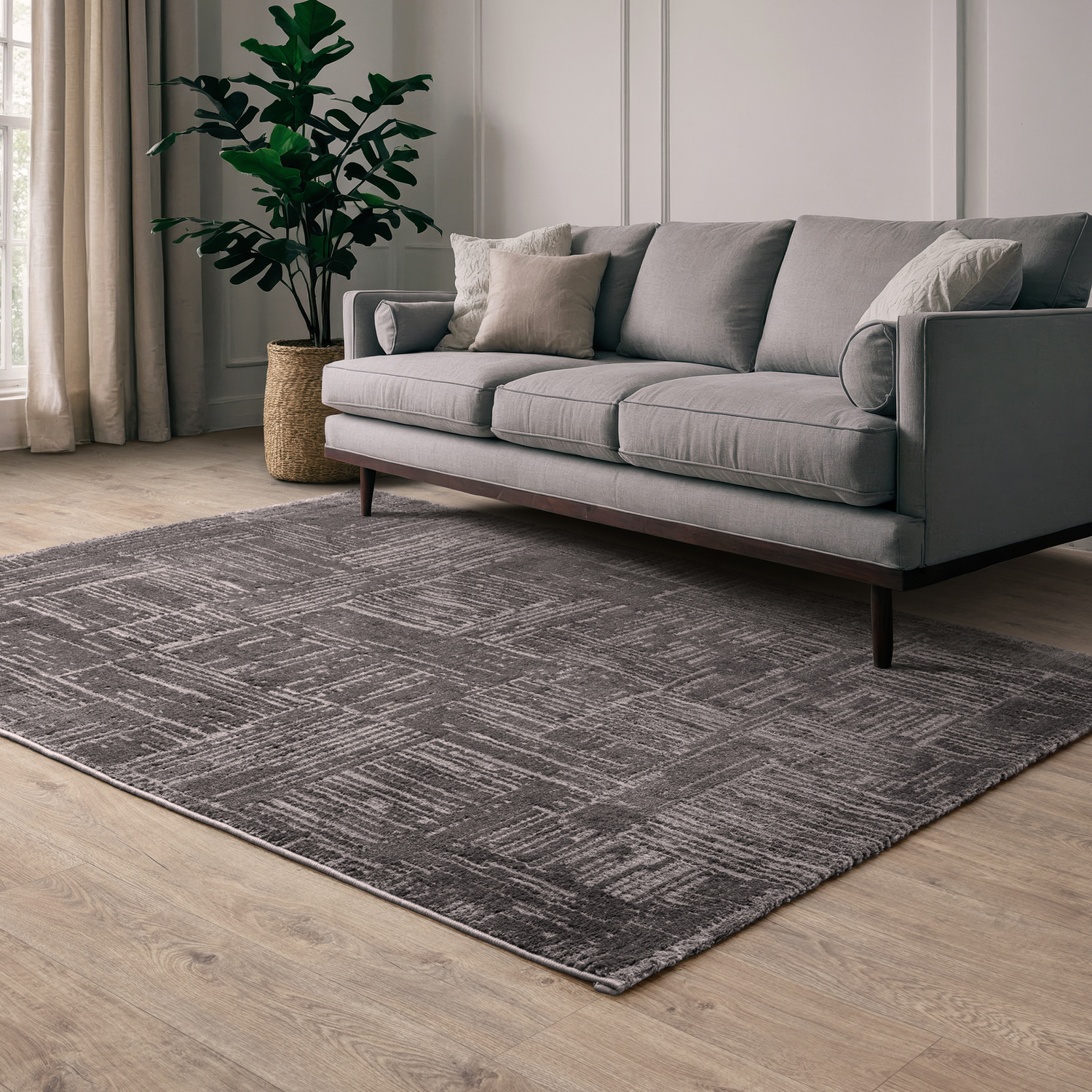Axel Geometric Grid Neutral Living Area Rug - Charcoal / 80 x 140 cm