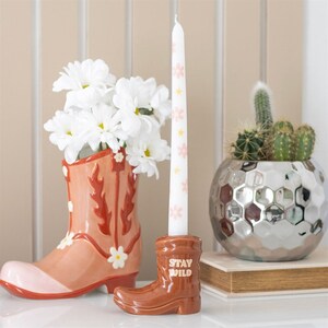 Cowboy Boot Candle Holder With Floral Taper Candle