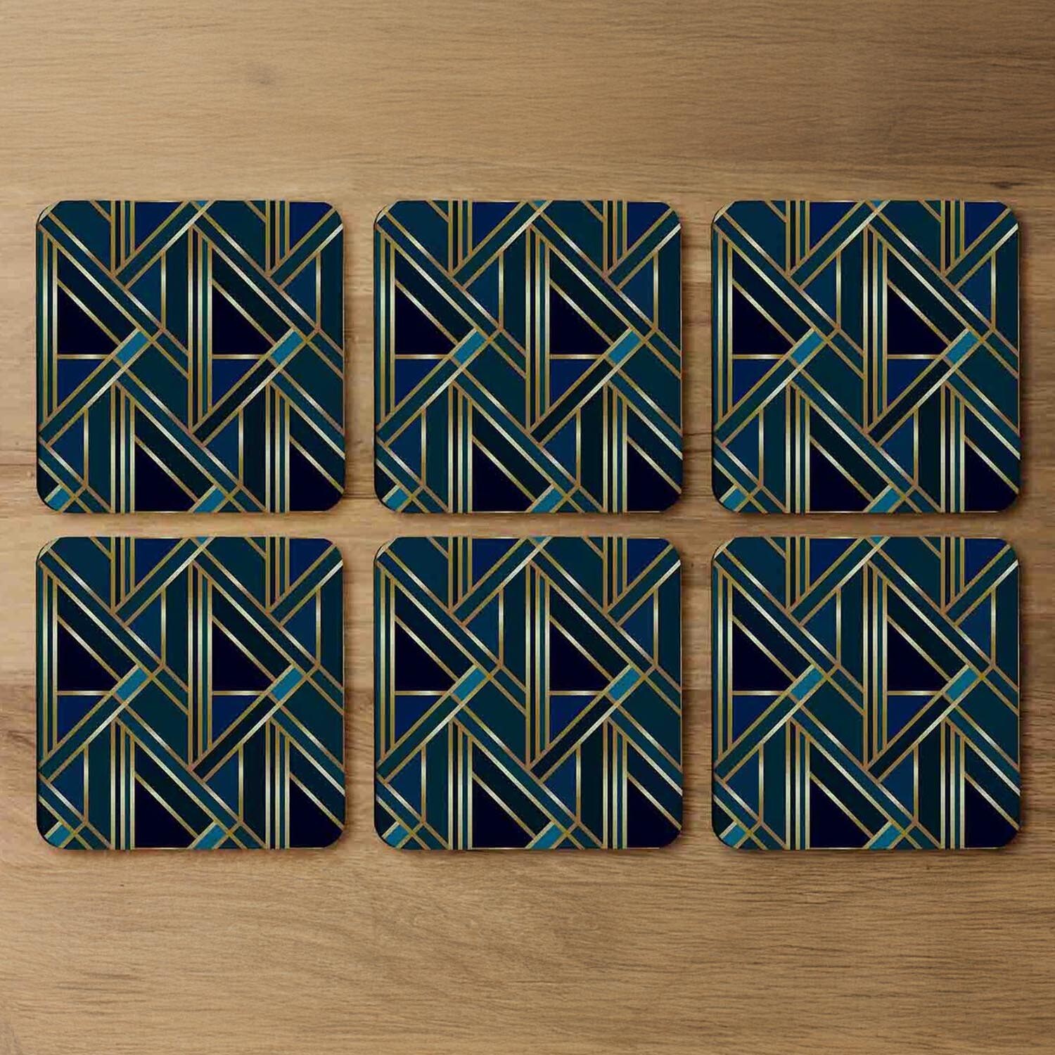 Gold  Teal Geometric Pattern Coaster - Blue
