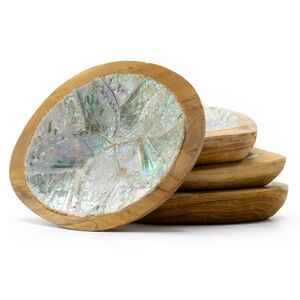 Set of 4 Teak Mini Bowls with Shell Decor (assorted)