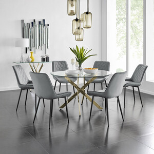 Novara Gold Round Dining Table With Six Pesaro Black Leg Chairs
