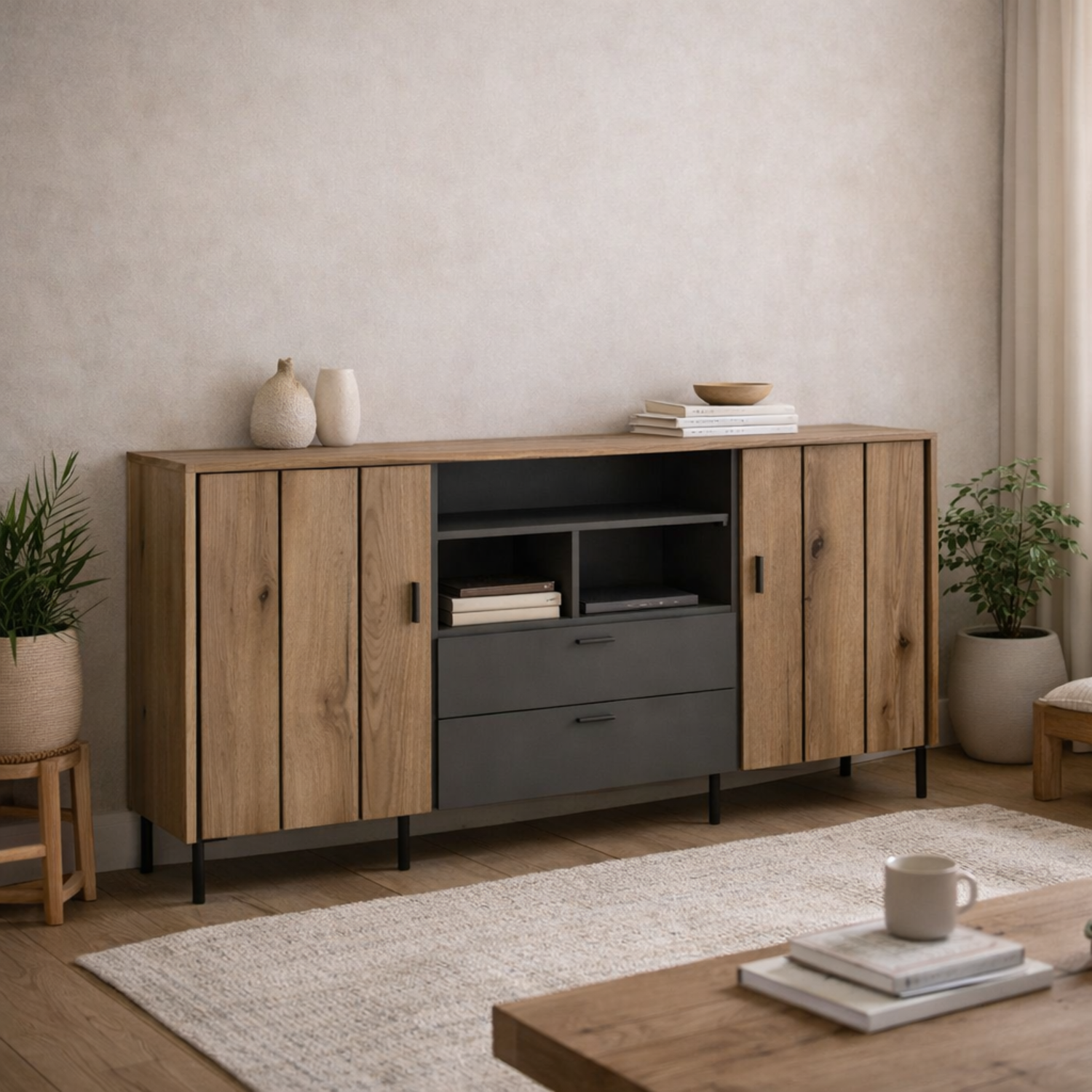 Nightbloom Wide Sideboard In Grey Oak-effect 2 Door 2 Drawer - Grey