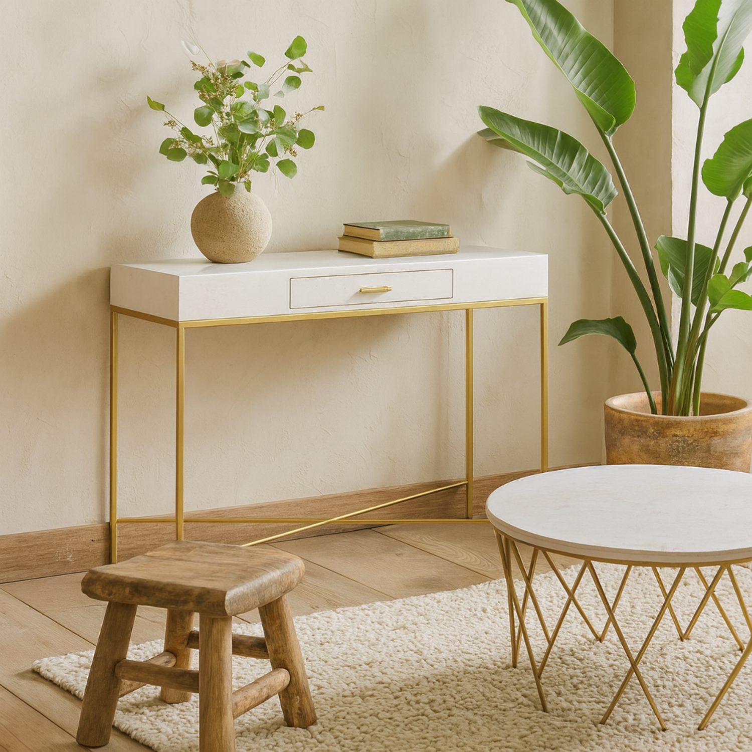 Genoa High-Gloss White Console Table with Drawer and Brushed Gold Base - White
