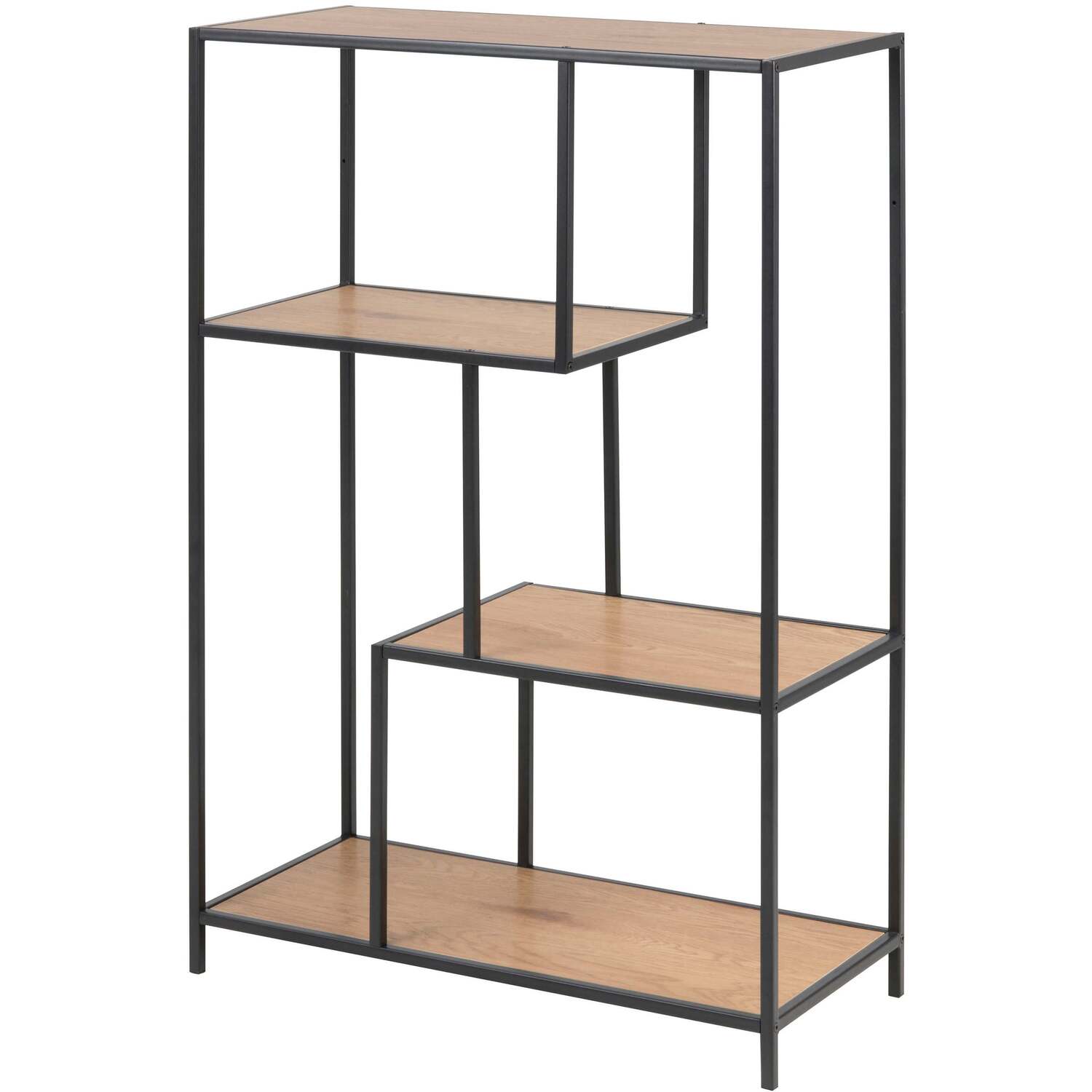 El Paso Asymmetrical 3-Tier Bookcase, Black Metal Frame with Wild Oak Shelves - Natural