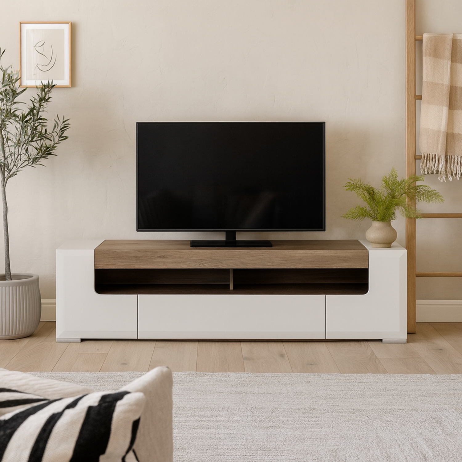 Porto Wide TV Cabinet - Gloss White with Oak Detail, 2 Doors 2 Drawers - White