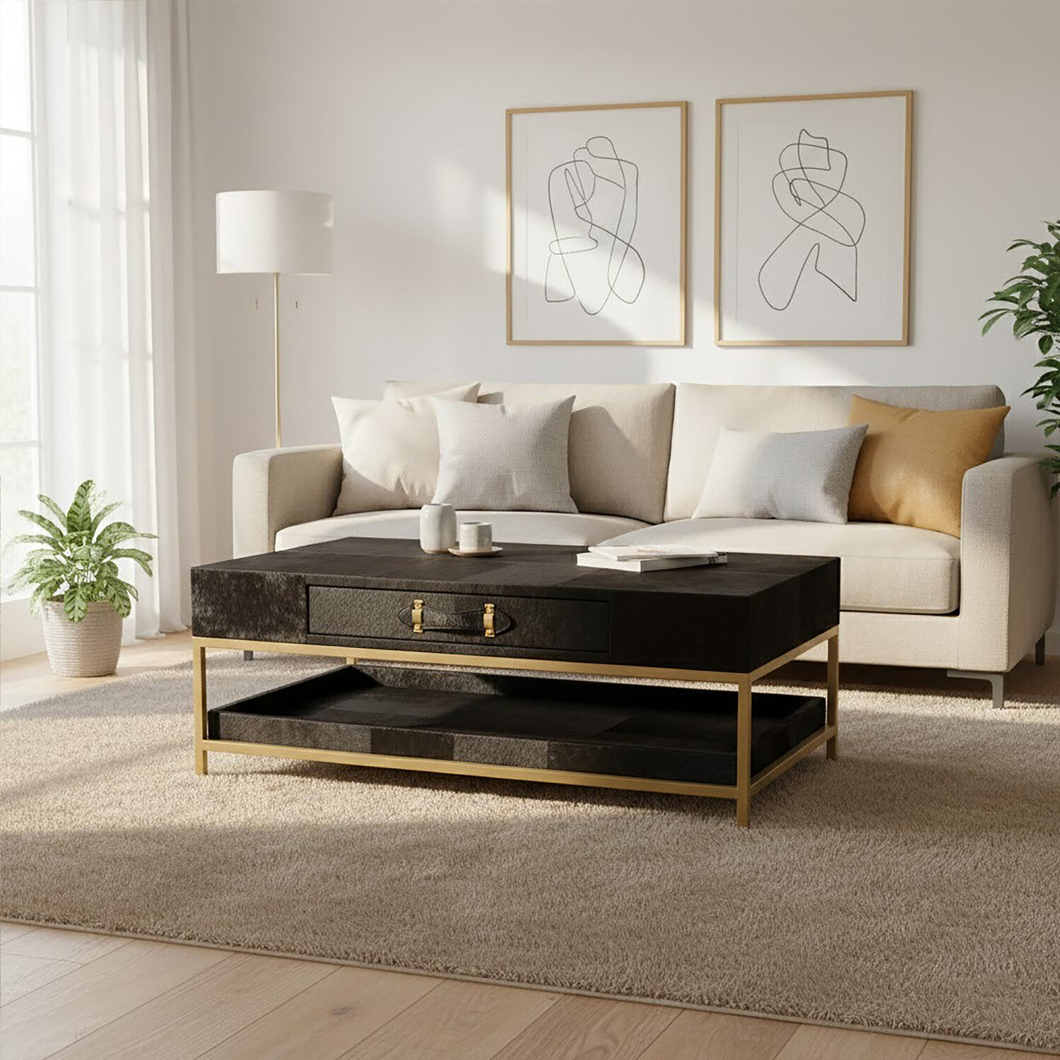 Kensington Townhouse Hair On Leather Black And Gold Coffee Table - Black
